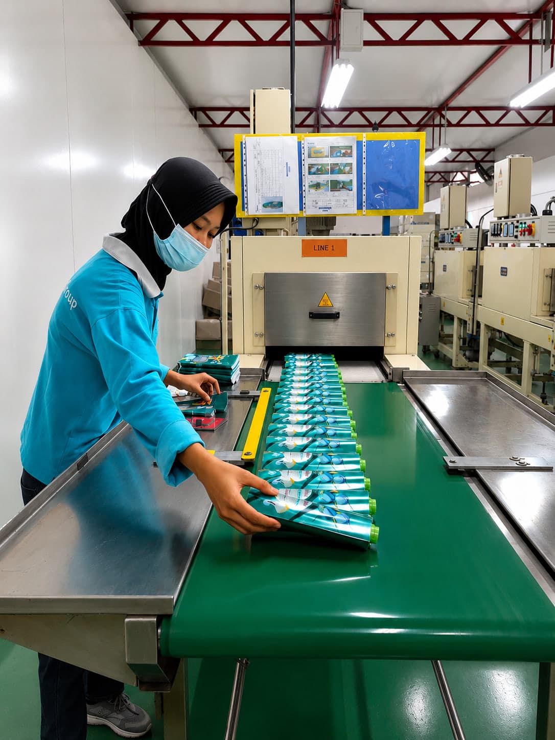 Operator memeriksa botol berdekorasi di lini pelabelan